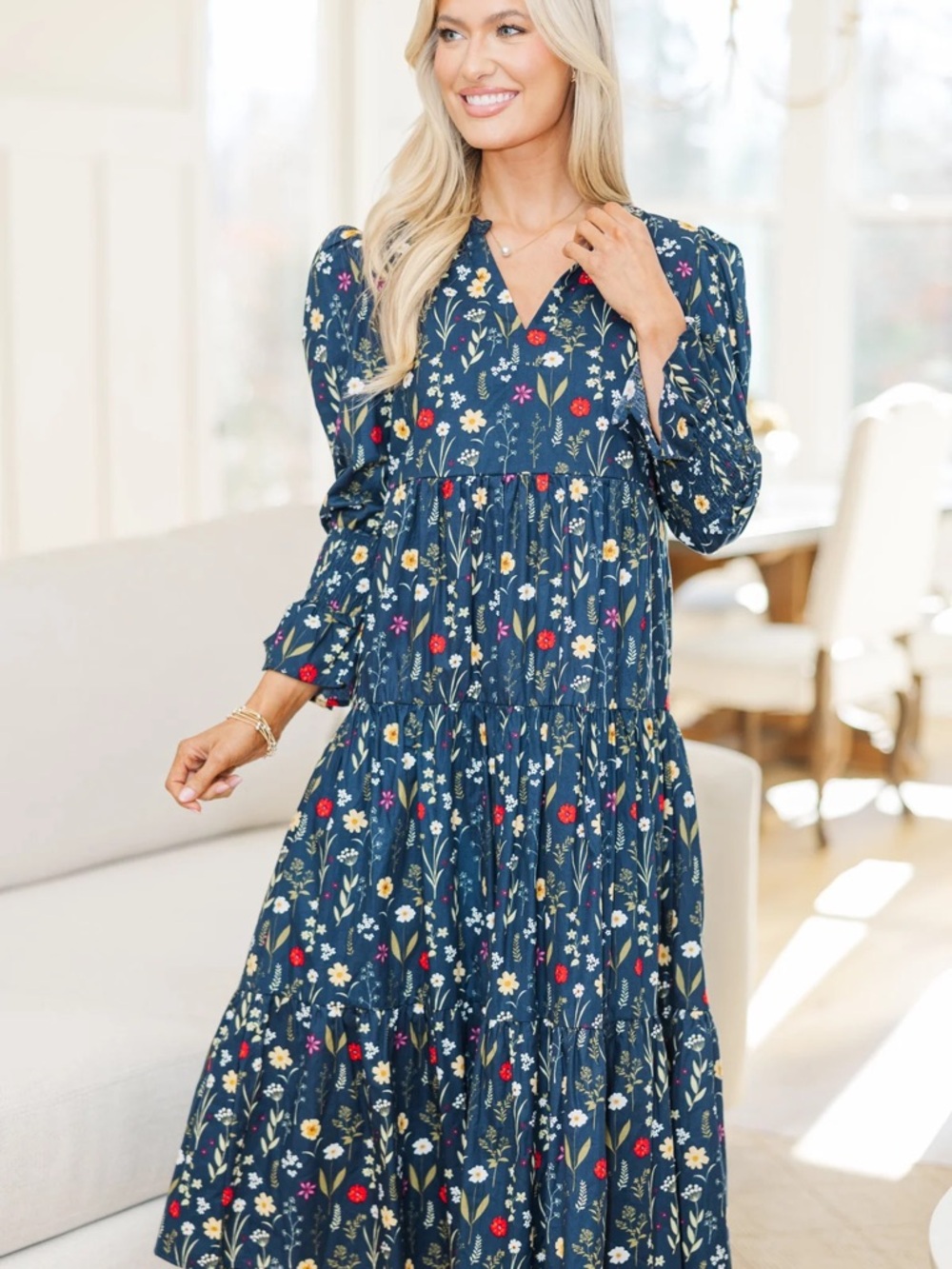 *NURSING* Blue Floral Tiered Maxi Dress - Elegant Long Sleeve Dress